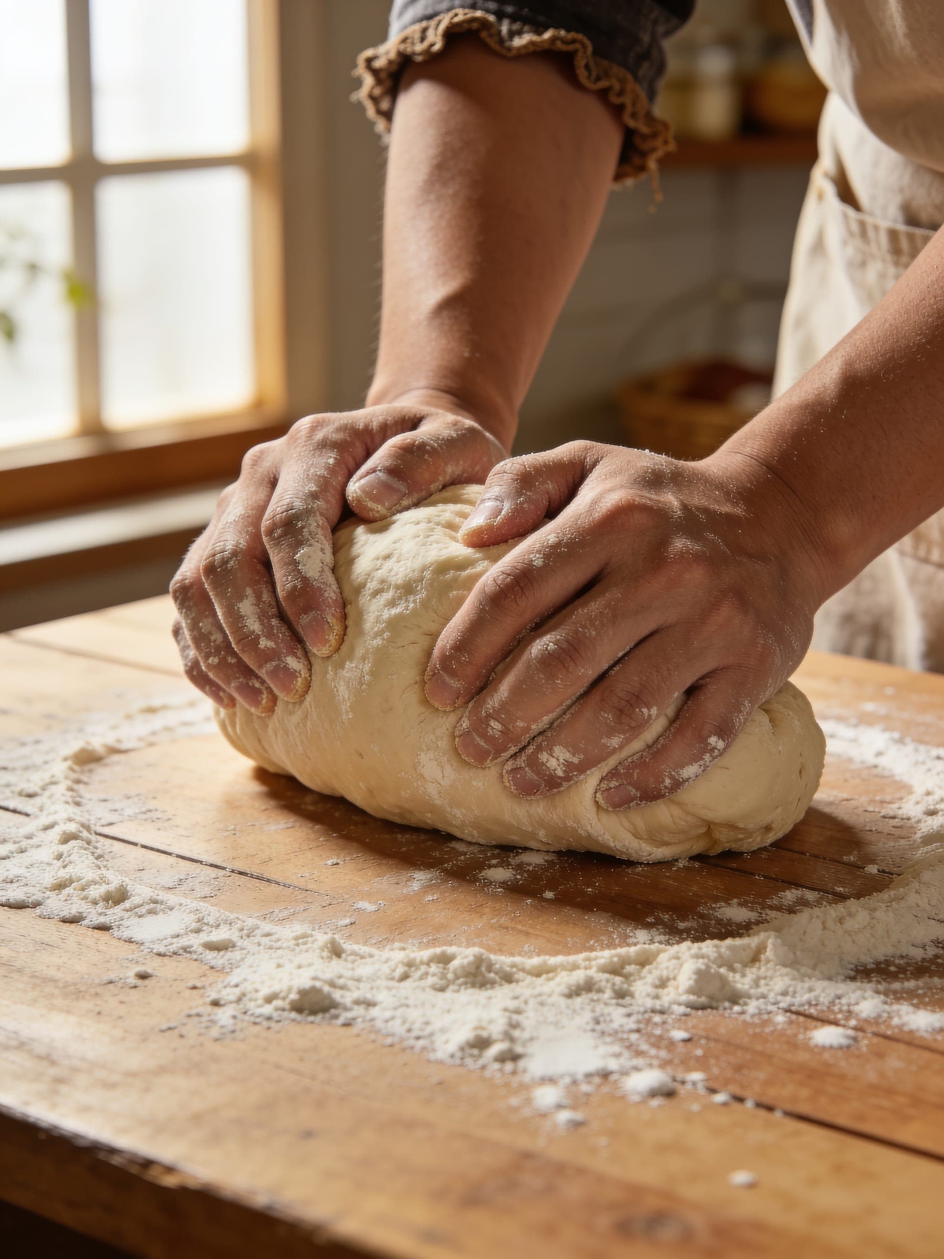 Flour-dusted hands shaping fresh bread dough on the worktable at Marlow & Finch