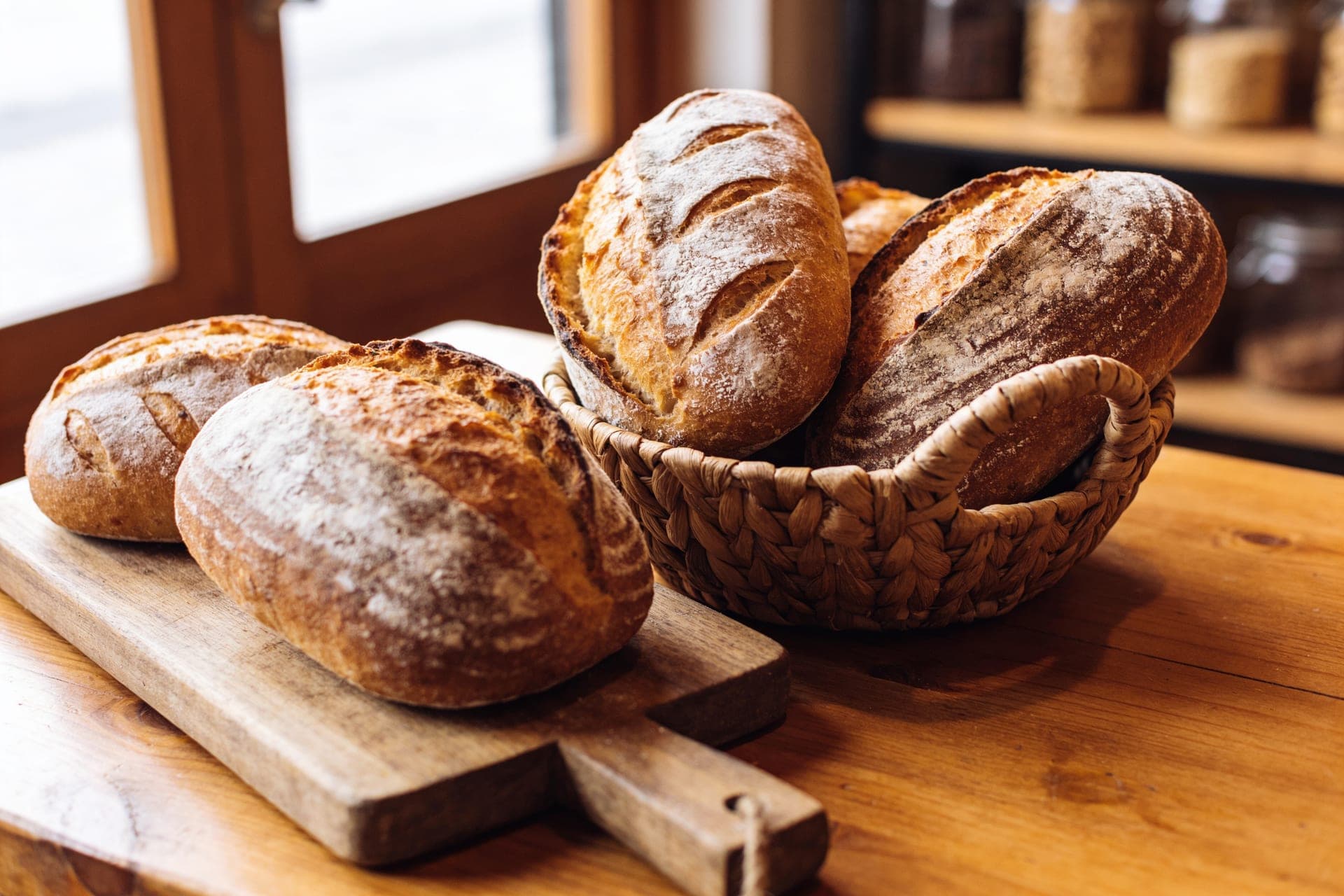 A selection of crusty artisan loaves dusted with flour