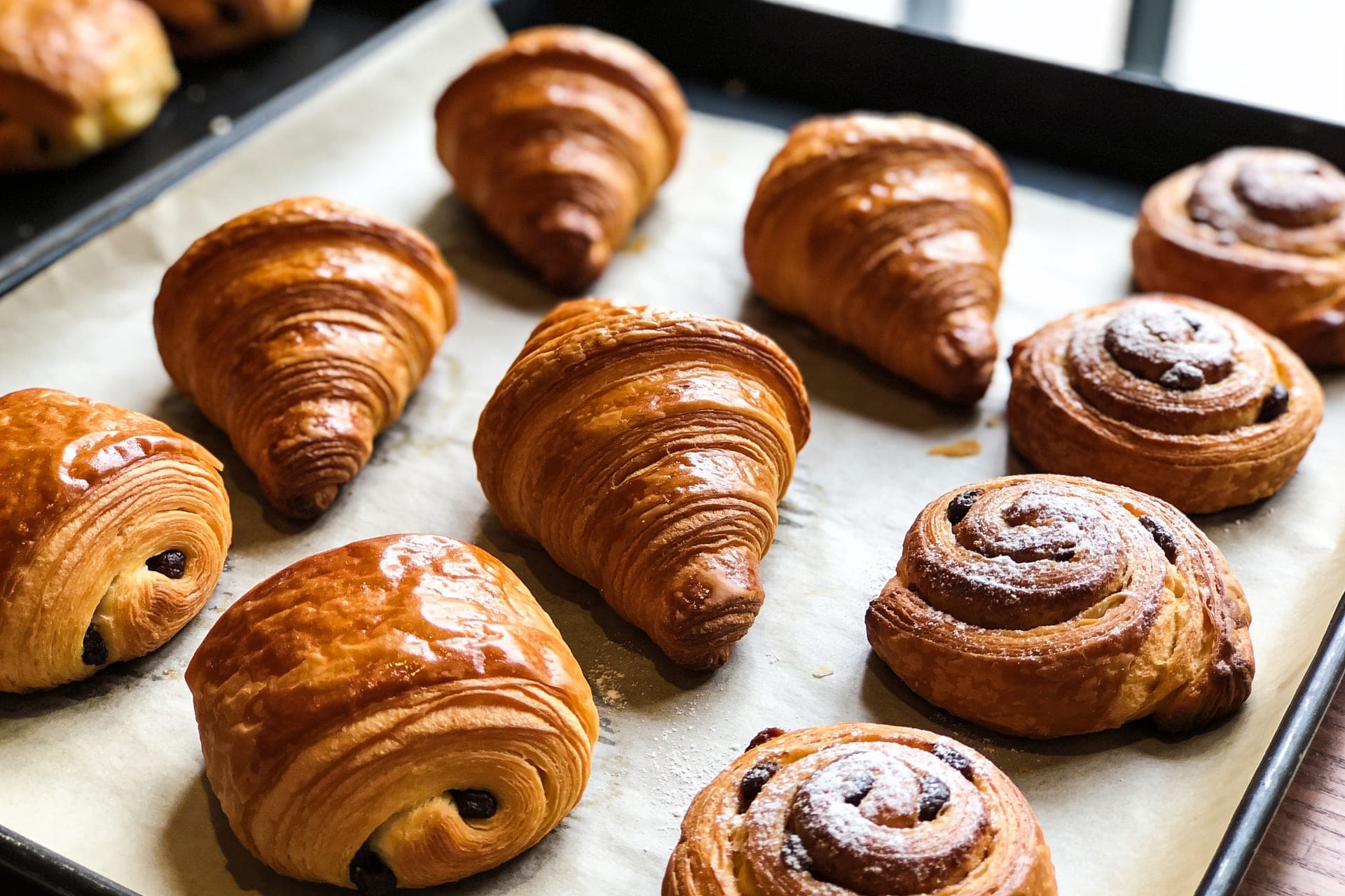 A tray of fresh golden croissants from the bakery