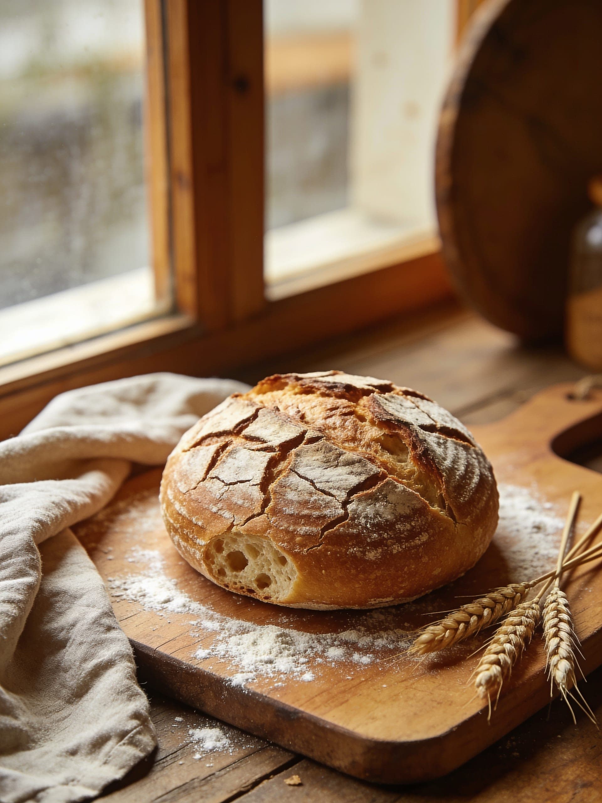 A close-up of a crusty, freshly baked sourdough loaf