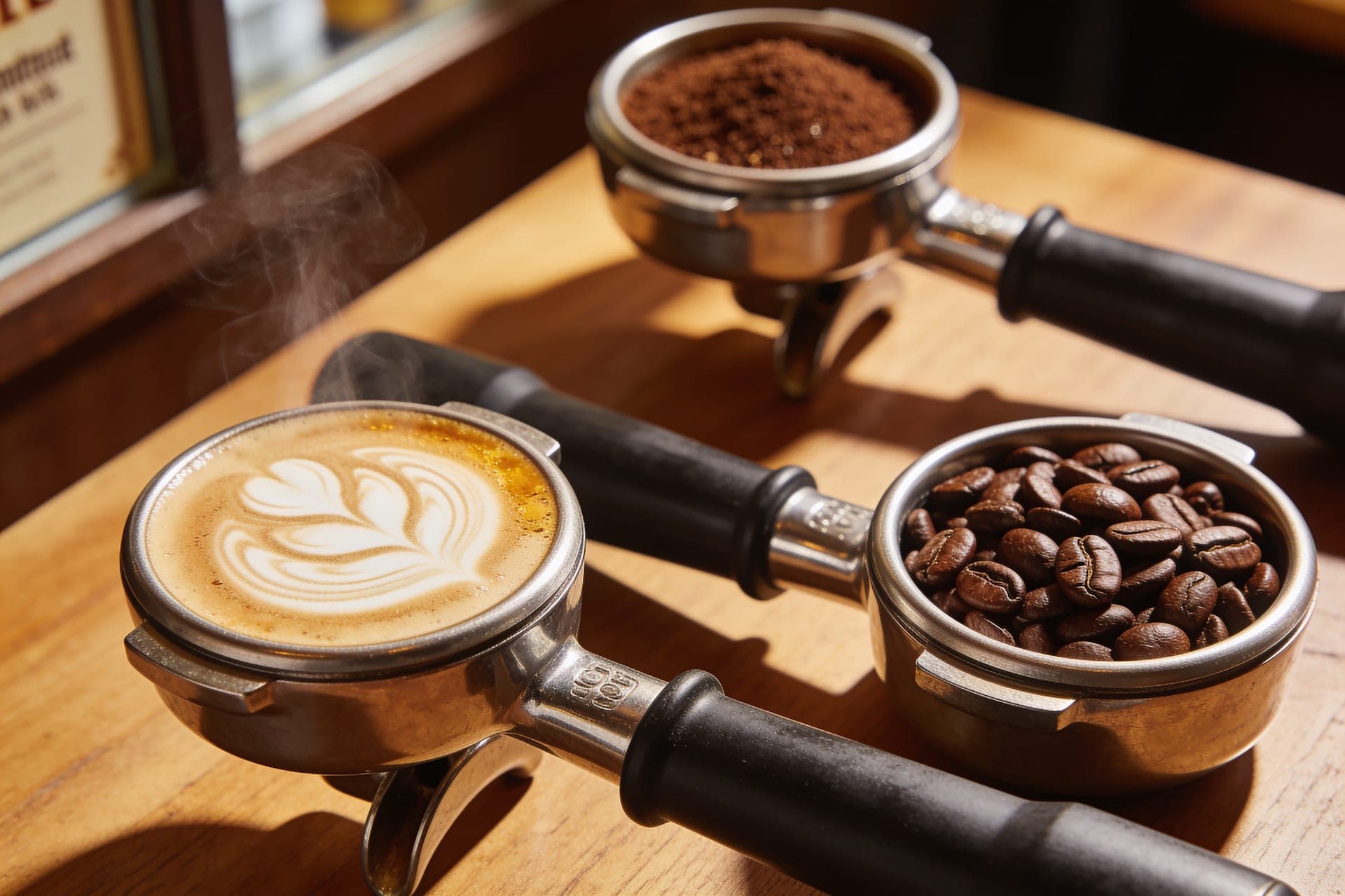 Two filled portafilters and fresh coffee on the Marlow & Finch espresso bar
