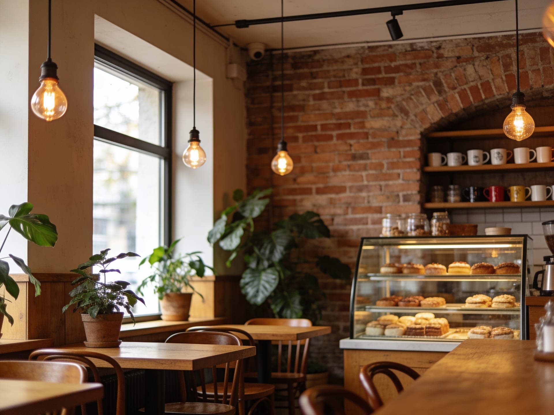 The warm, plant-filled coffee house interior with a glass pastry counter